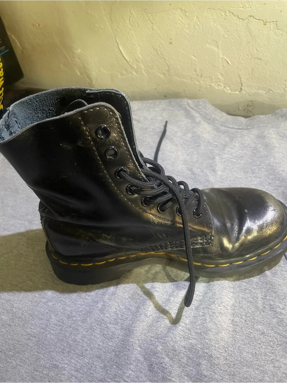 Dr. Martens Black Leather Lace-Up Boots with Yellow Stitching